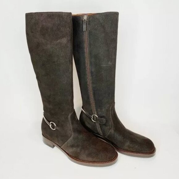 GUCCI Knee High Riding Boots US 9.5 Brown Suede Horsebit Low Block Heel EU 39.5 - Picture 1 of 12